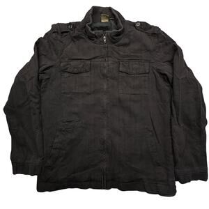 All-Son Jacket Striped Mens XL Zip Pockets Long Sleeve Shacket Military Black